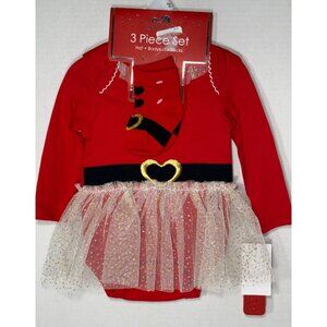 Christmas 0-3m 3pc Outfit Red Bodysuit Santa Hat Socks Gold sparkle Tutu bubble